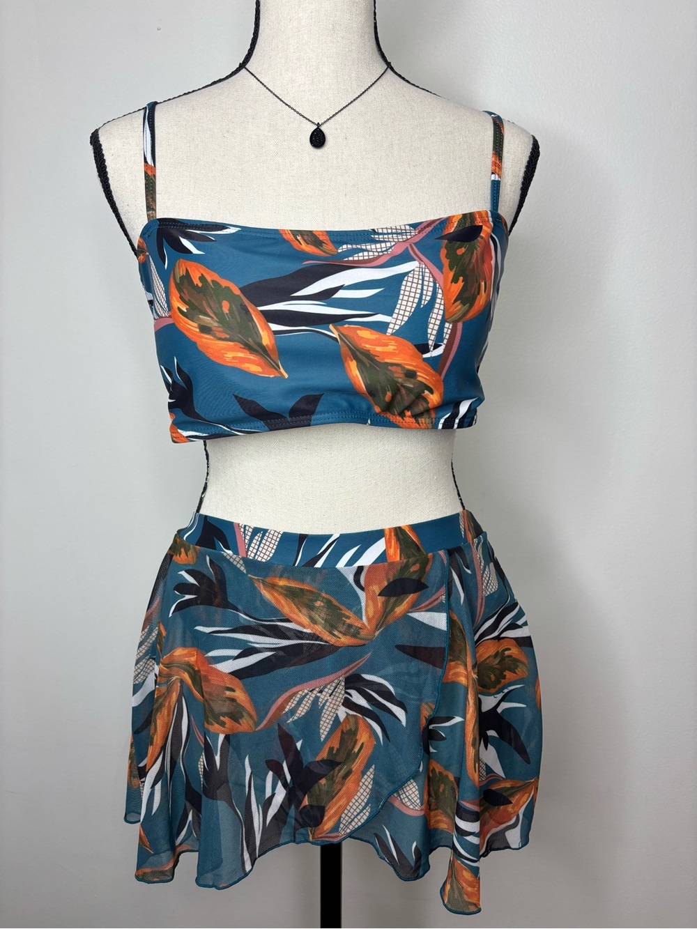 Teal Tropical Two-Piece Crop Top + Skirt Set